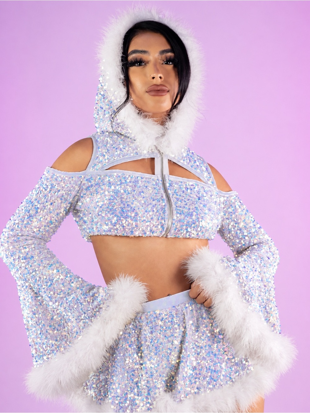 Rave Wonderland White Sequin Fields Cutout Long Sleeve Hooded Crop Top